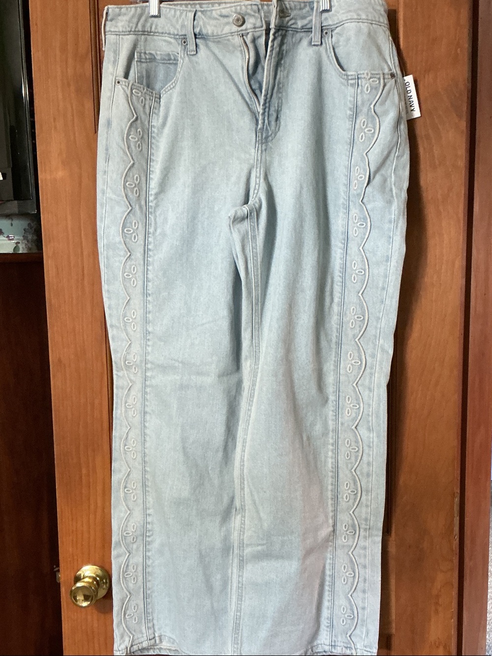 Old Navy Light Blue Straight-Leg Jeans with Embroidered Side Panels